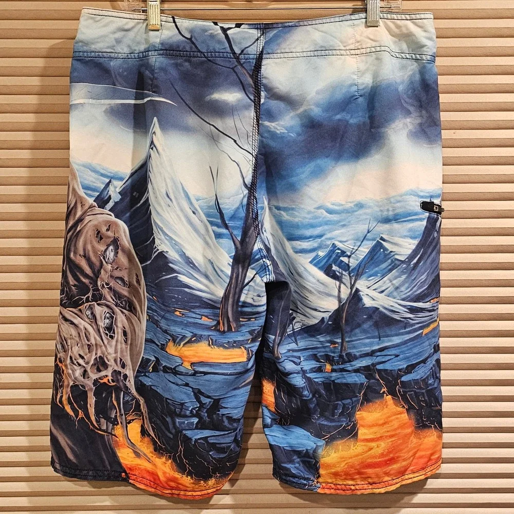 Metal Mulisha Mens Grim Reaper Lava Mountain Board Shorts Blue 36 Graphic Surf